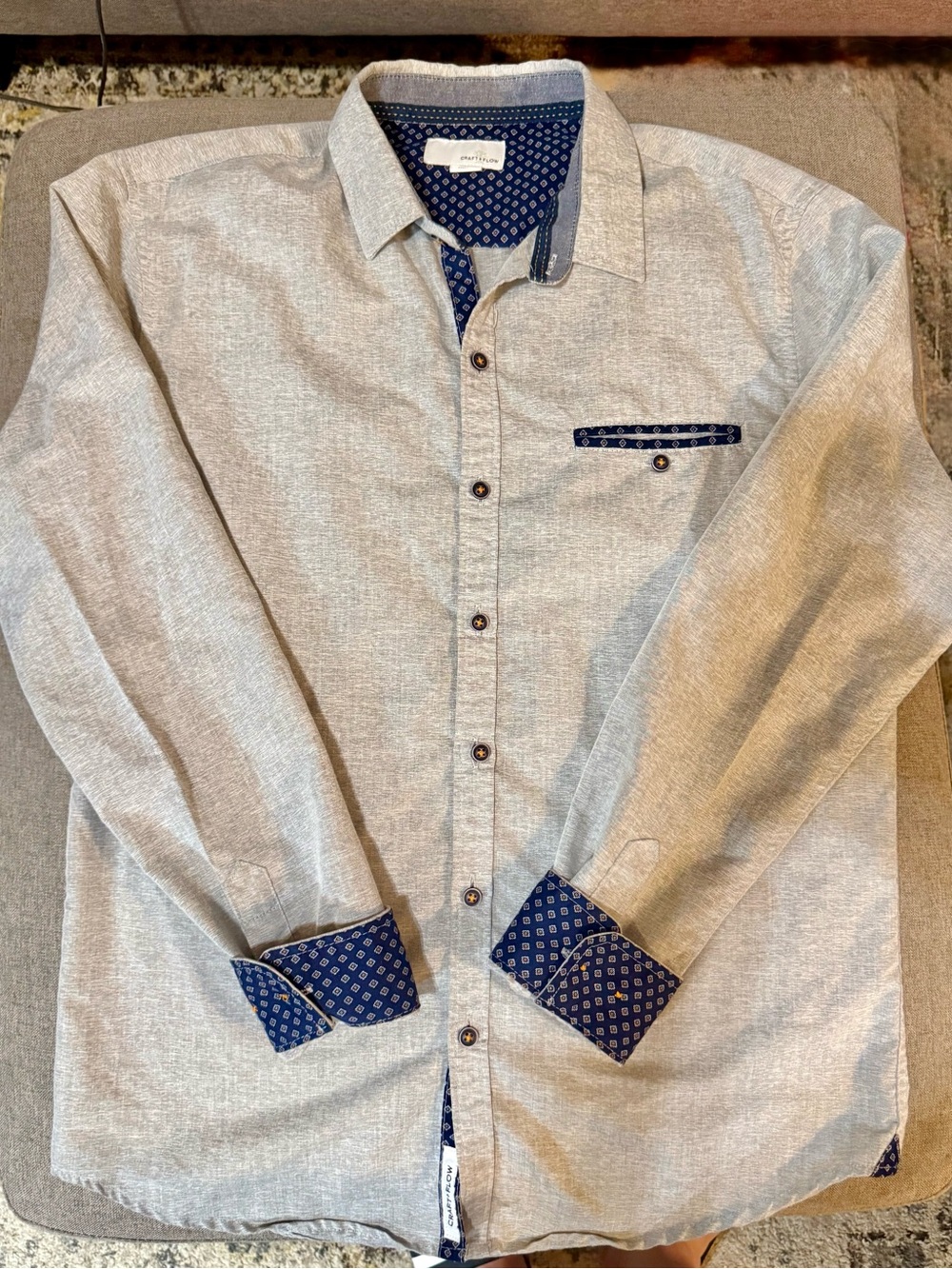 Men's Light Gray Date Night Dress Shirt with Navy Contrast Trim